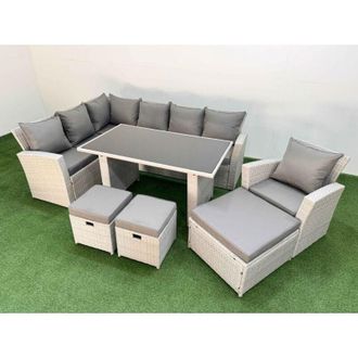 Fimous Fimous 10 Seater Wicker Rattan Corner Sofa Sets Outdoor Garden Furniture Sets with Rectangular Dining Table Lounge Sofa 3 Footstools Armchair Light