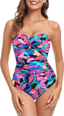 Relleciga Womens Strapless One Piece Swimsuit, Colorful Leaves, Medium
