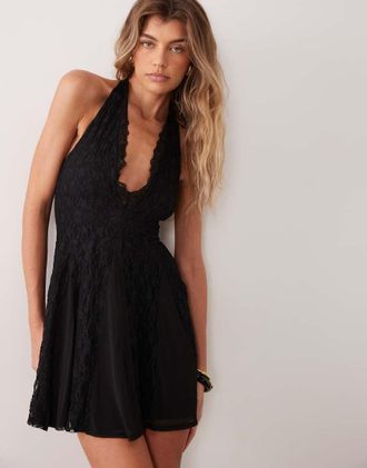 Asos vestito mini svasato mix rete e pizzo allacciato al collo nero