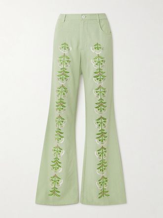 Alix of Bohemia Pantaloni Svasati In Seta Fiammata Con Ricami Charlie - Verde