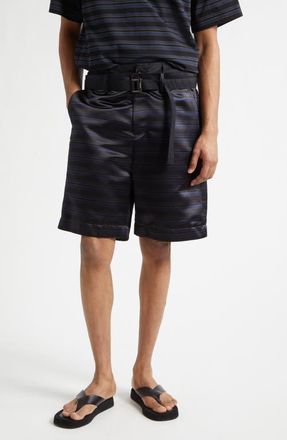 sacai Belted Mixed Media Horizontal Stripe Shorts in Black/Navy at Nordstrom, Size 2
