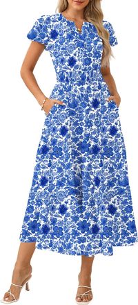 Grace Karin Women Elegant Maxi Summer Dress Short Sleeve V Neck Floral Dress A Linie Wedding Dresses White Blue S