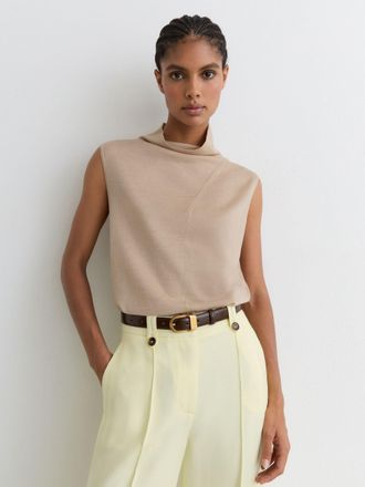 Reiss Neutral Wool Funnel-neck Sleeveless Knit Top, XS