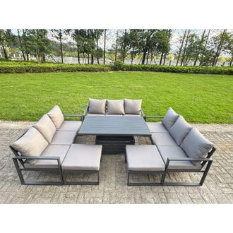Fimous Fimous Aluminum Outdoor Patio Furniture Set Modern Patio Conversation Sets with Adjustable Rising Lifting Dining Table Big Footstool Side Table Dark