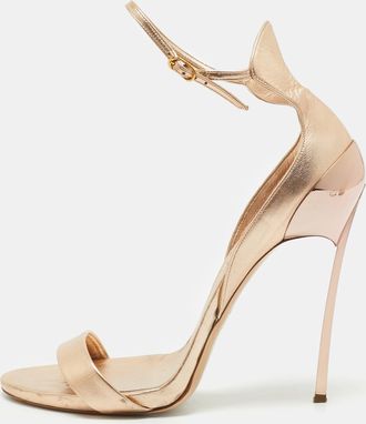 Casadei Metallic Rose Gold Leather Blade Ankle Strap Sandals