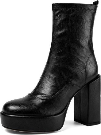 TinaCus Womens Handmade Genuine Leather Round Toe Side Zipper Platform High Heel Ankle Boots, Black, 1.5 UK