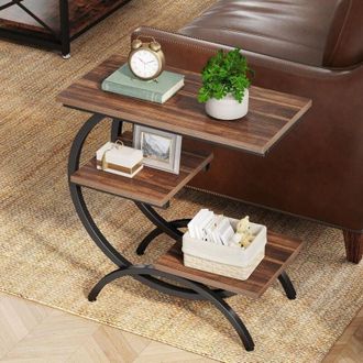 Tribesigns C-Shaped End Table for Living Room, 3-Tier Narrow Side Table with Storage, Wood Sofa Side Table with Geometric Metal Frame, Industrial Nightstand and