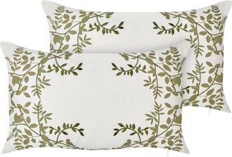 Beliani Beliani - Set of 2 Scatter Cushions Cotton Fabric Throw Pillows 30 x 50 cm Handmade with Floral Pattern White and Green Zaleya