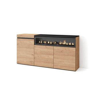 Skraut Home Aparador efecto madera roble y negro 150x35x75cm chimenea efecto fuego
