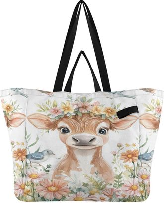 Generic Calf Bird Cow White pattern Reusable Canvas Tote Bag, Heavy Duty Grocery Shopping Bag with Double Handles Hard Bottom Large Capacity Work Groceries Tr