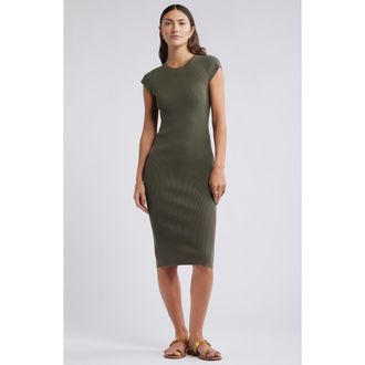 Open Edit Luxe Rib Cap Sleeve Dress in Olive Sarma at Nordstrom Rack, Size X-Large