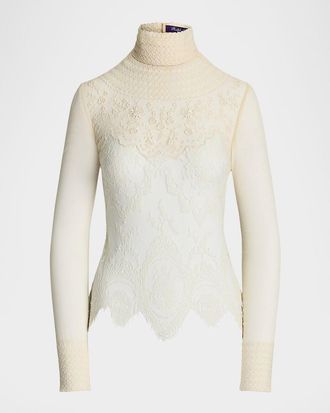 Ralph Lauren Collection Delilah Embellished Floral Leavers Lace Turtleneck Top