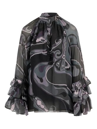 Pucci abstract-print ruffled blouse - women - Viscose - 44 - Black