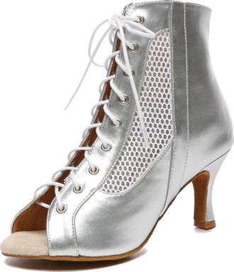 Minitoo Dance Heels for Women Sexy Boots Lace up Latin Ballroom Evening Sandal Booties L581 Silver 7.5cm Heel UK 5