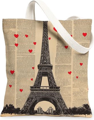 Generic Paris Tower Canvas Tote Bags, Heart Pattern Reusable Grocery Bags, Vintage Lightweight Washable Shoulder Strap Canvas for Travel Picnic 13x15 Inch