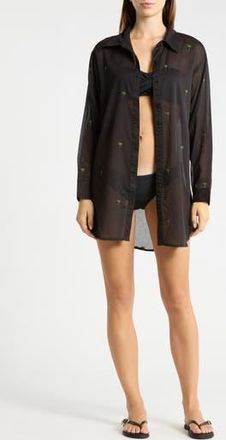 Boho Me Palm Tree Embroidered Cotton Shirt Cover-Up in Black at Nordstrom Rack, Size X-Large