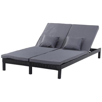 OUTSUNNY 2 Person Rattan Lounger Adjustable Double Chaise Chair w/ Cushion Black | TJ Hughes