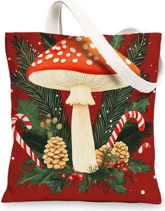 Generic Winter Christmas Mushroom Canvas Tote Bag for Shopping 13x15, Fun Snow Cardinal Xmas Reusable Grocery Print Pattern Bag for Women Men, Holiday New Yea