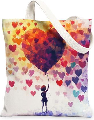 Generic Artistic Hearts Canvas Tote Bag, Colorful Heart Pattern Reusable Grocery Bags, Vintage Lightweight Washable Shoulder Strap Canvas Bags for Travel Beac