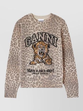 Ganni wool crewneck sweater leopard motif tiger