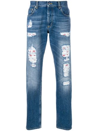 Alexander McQueen Jeans consumati con ricami - Blu
