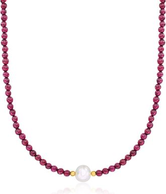 Ross-Simons 8.5-9.5mm Cultured Pearl and Garnet Bead Necklace With 18kt Gold Over Sterling