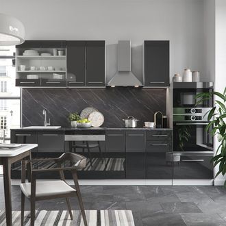 Vicco Mueble De Cocina Fame-line, Antracita Brillo Intenso/blanco, 300 Cm Con Armario Alto, Et Antracita