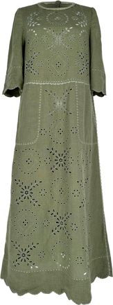 Vita Kin Scalloped Maxi Dress in Olive Green Linen