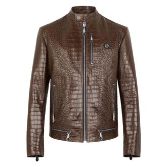 Philipp Plein Jassen, Heren, Bruin, 2Xl, Leer, Leather Moto Jacket Cocco