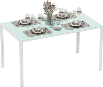 OEM Mesa De Comedor De Cristal Rectangular Para 6 Personas Con Patas De Metal Para Cocina Sal&oacute;n 140x80x75 Cm Blanco
