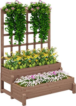 OUTSUNNY 2-Tier Wooden Raised Bed with Trellis and Drainage Holes - Brown | TJ Hughes