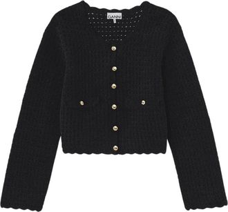 Ganni Chenille Crochet Cardigan - Dames - Vesten - Zwart - L - Katoen - Truien & Vesten