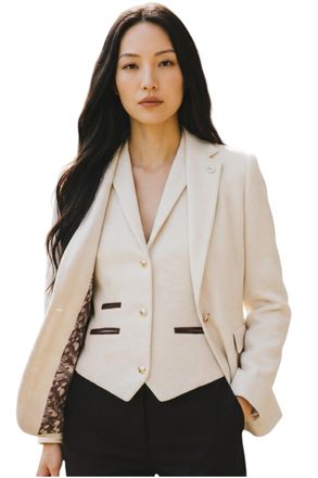 TruClothing Womens Cream Herringbone Wool Tweed Blazer Waistcoat 2 Piece Set - WS-1