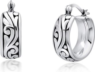 MAX + STONE 925 Sterling Silver Hoop Waved Filigree Chunky Silver Earrings