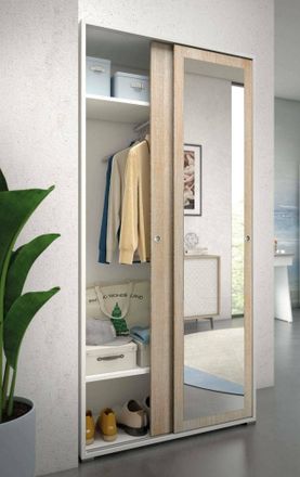 Dmora Armario Tulipano, Armario Con 2 Puertas Correderas Y Espejo, Mueble Con Barra Perchero Y Baldas, 100% Made In Italy, Cm 90x45h195, Roble Y Blanco, Con