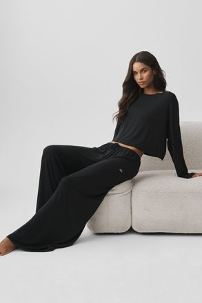 Alo | Semi Sheer High-Waist Oasis Wide Leg Pants (Long) in Black, Size: Medium
