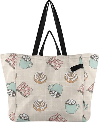 Generic Winter Roll Hot Chocolate pattern Reusable Canvas Tote Bag, Heavy Duty Grocery Shopping Bag with Double Handles Large Capacity Hard Bottom Work Grocer