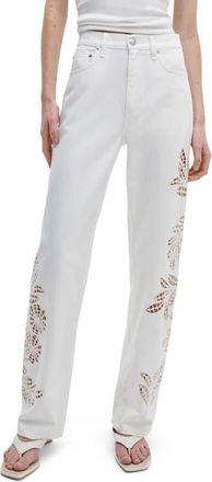 Rag & Bone Shea Floral Eyelet High Rise Straight Leg Jeans in White Floral at Nordstrom, Size 26