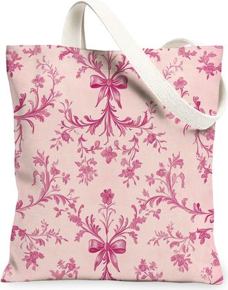 Generic Floral Vintage Canvas Tote Bags, Elegant Flower Pattern Reusable Grocery Bags, Lightweight Washable Shoulder Strap Canvas for Travel Shopping Beach Pi