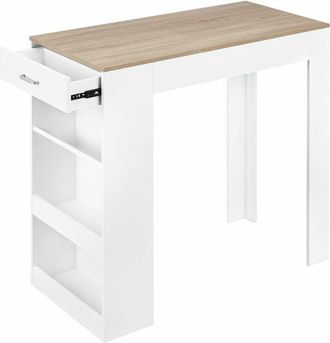 Woltu Woltu - Mesa De Bar Con 1 Caj&oacute;n Y 3 Estantes, Mostrador Estilo Bar, Mesa De Cocina, Blanco+roble Claro