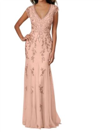 Adrianna Papell Floral Beaded Dress In Rose Gold