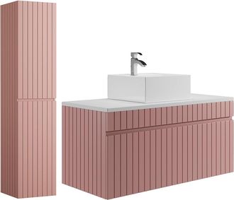 Vente-Unique Mueble de ba&ntilde;o suspendido estriado rosa con lavabo sobre encimera y columna - 100 cm - SATARA