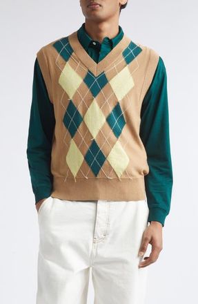 Ami Argyle Plaid Intarsia Knit Wool & Cotton Sweater Vest in Camel/jaune/vert at Nordstrom, Size X-Large