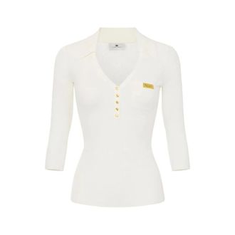 Elisabetta Franchi V-neck Knitwear, female, White, Size: XS Micro-braided Knit Polo Shirt