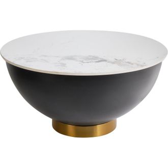 Beliani Mesa De Centro Tablero De Piedra Sinterizada Blanco Aspecto Natural Base De Metal Negro Detalles Dorados Dise&ntilde;o Moderno &Oslash; 74 Cm Nadine