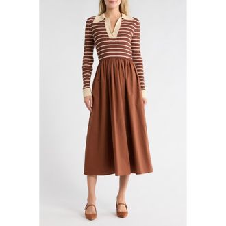 Moon River Stripe Long Sleeve Midi Dress in Brown at Nordstrom Rack, Size Medium