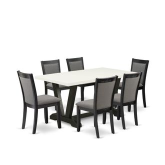 East West Furniture V626MZ650-7 7 Pc Table Set - Linen White Dinner Table with 6 Dark Gotham Grey Parson Chairs - Wire Brushed Black Finish