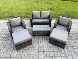 Fimous 6 Seater Garden Furniture Set Rattan Outdoor Lounge Sofa Chair With Tempered Glass Table 2 Big Footstool Dark Grey Mixed