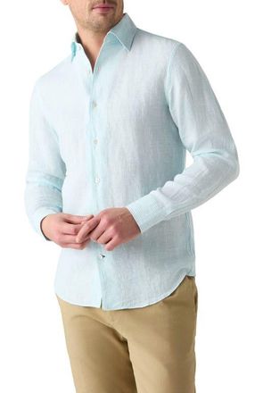 Robert Talbott Morgan Medium Stripe Linen Shirt in Aqua at Nordstrom, Size X-Large - 35