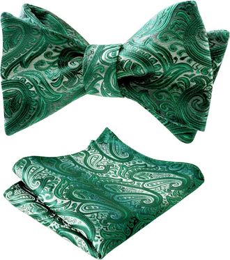 Alizeal Mens Gradient Paisley Self Bow Tie and Hanky Set, Drak Green